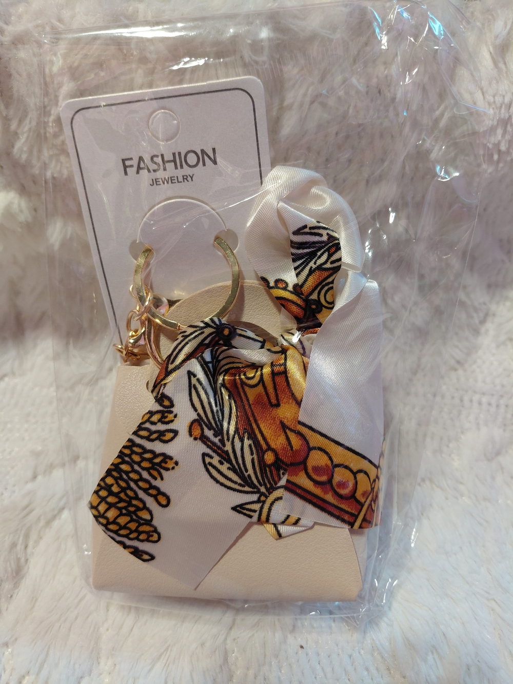Fashion Jewelry Cream Mini Bag Keychain with Gold and Multicolor Scarf Accent